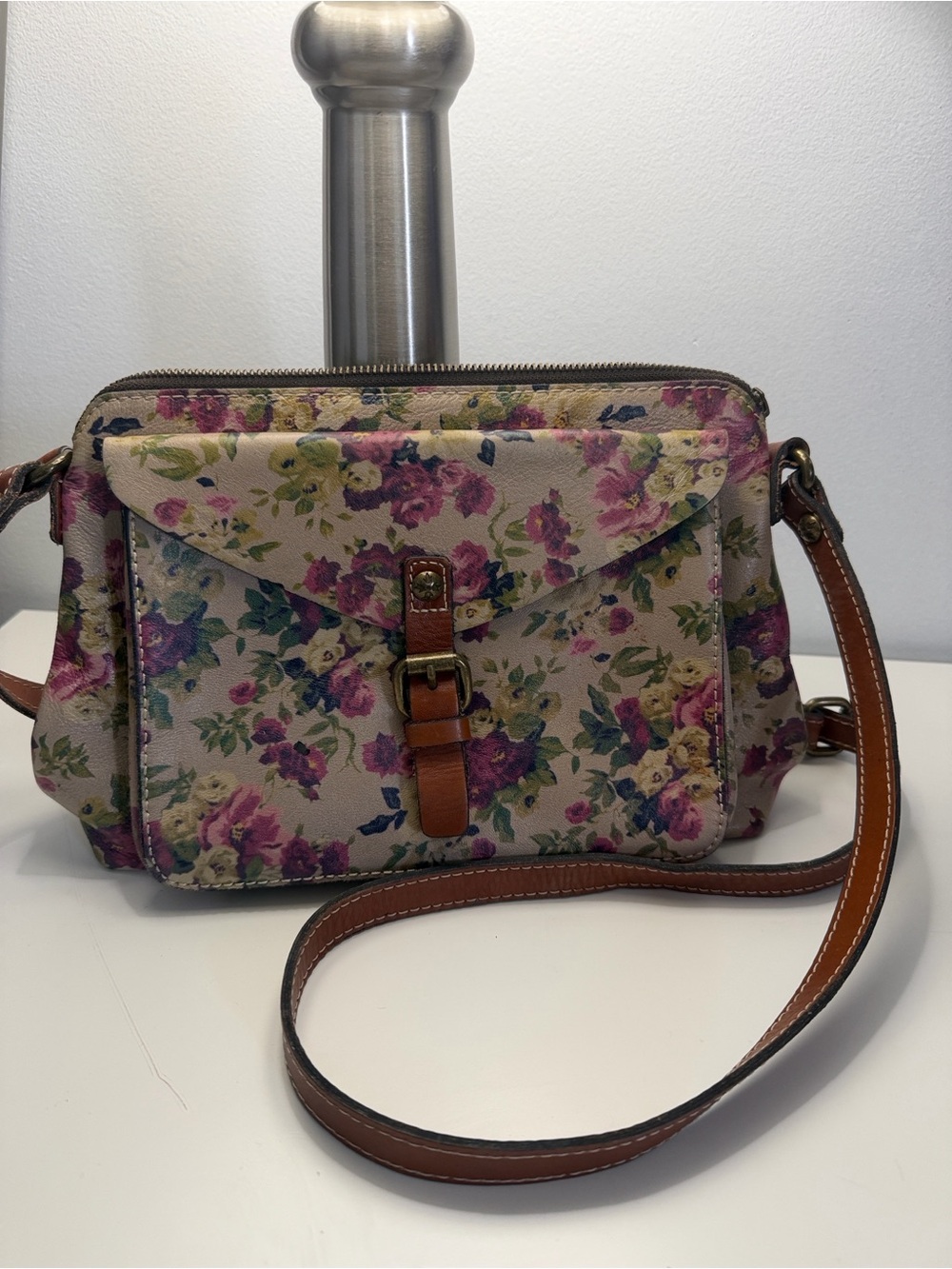 Patricia Nash vintage Beige Floral Crossbody with Brown Leather Strap